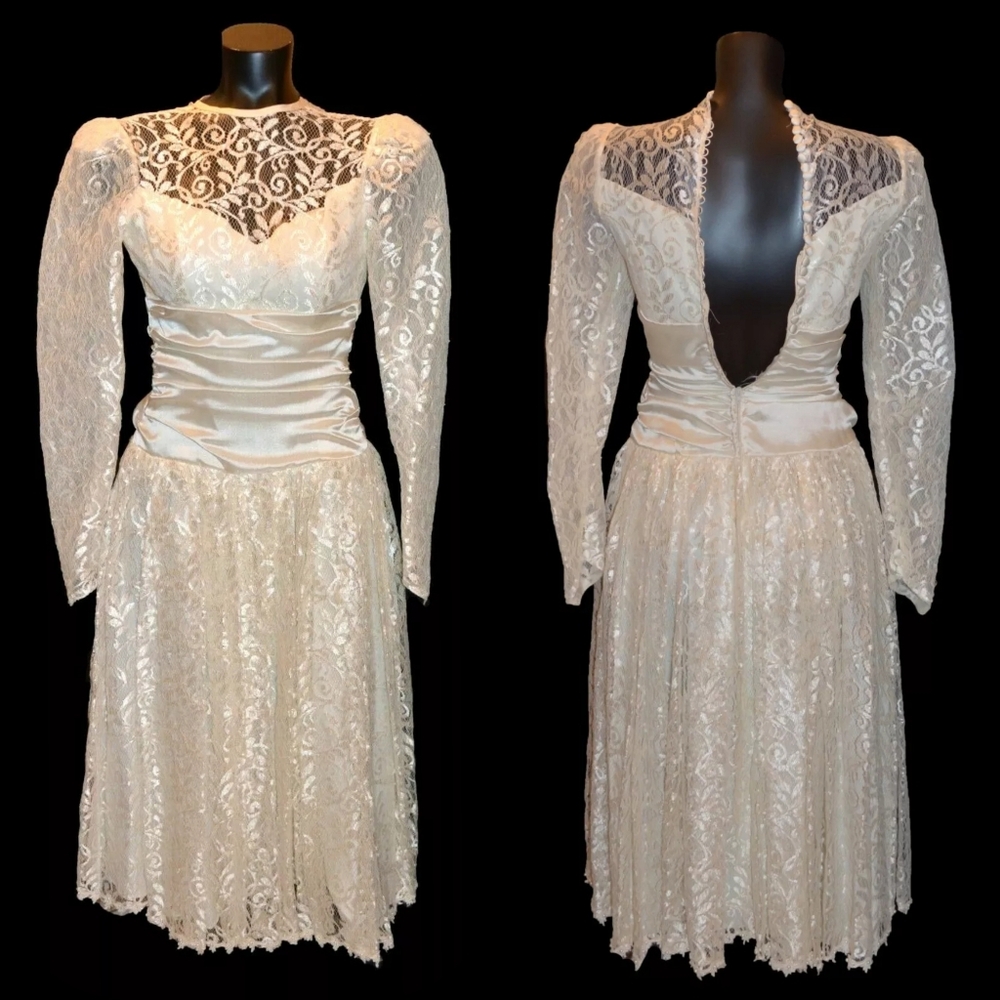 Unbranded Vintage 80s Ivory Short Lace Wedding Dress size 7/8 - Picture 2 of 2